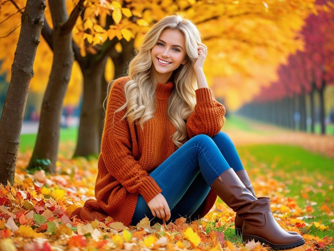 Young woman in autumn leaves with vibrant trees