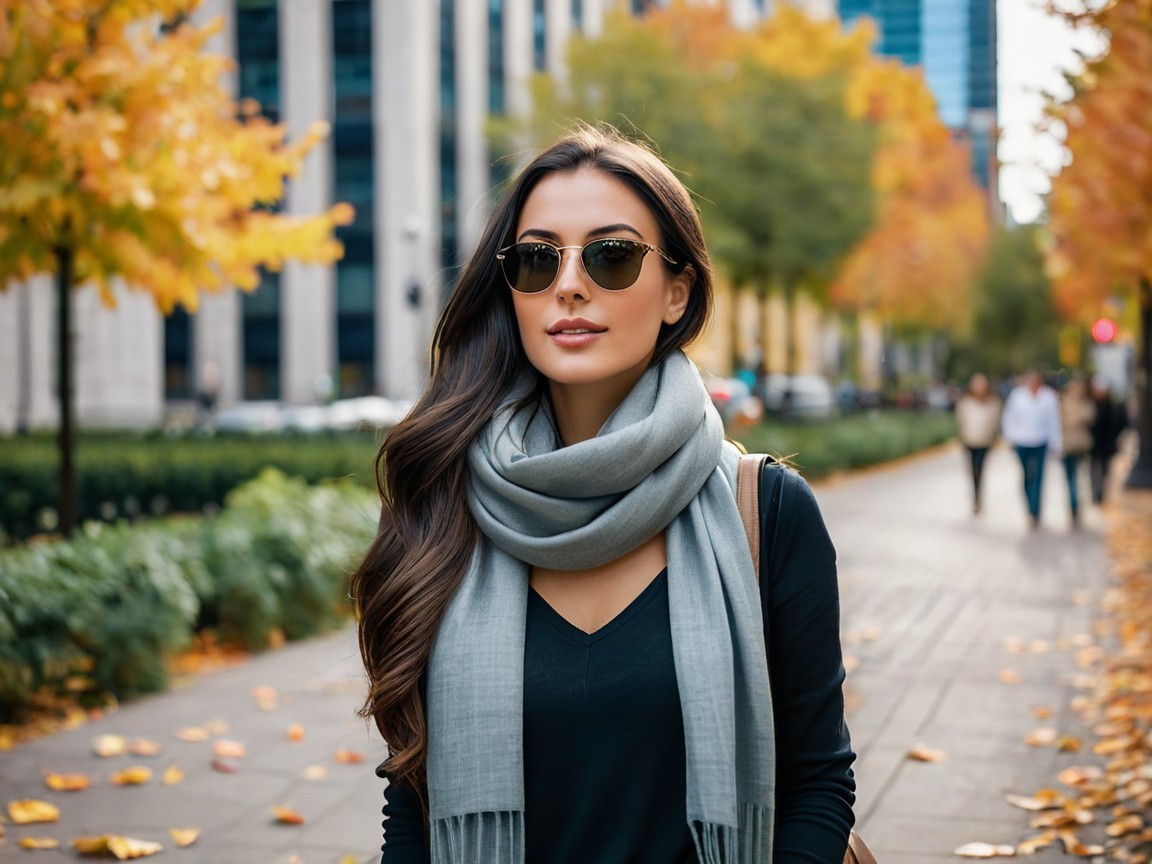 Young woman in autumn city street with foliage