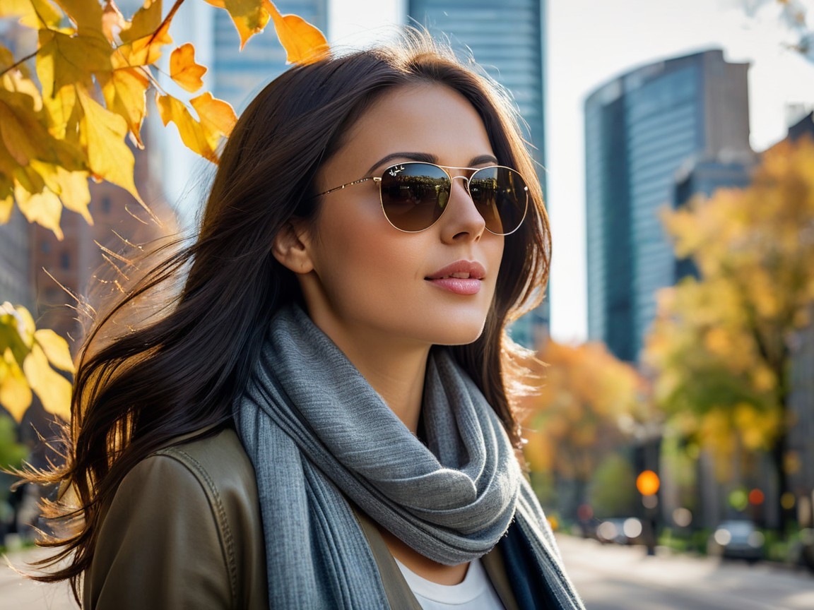 Young woman in stylish sunglasses in urban autumn scene
