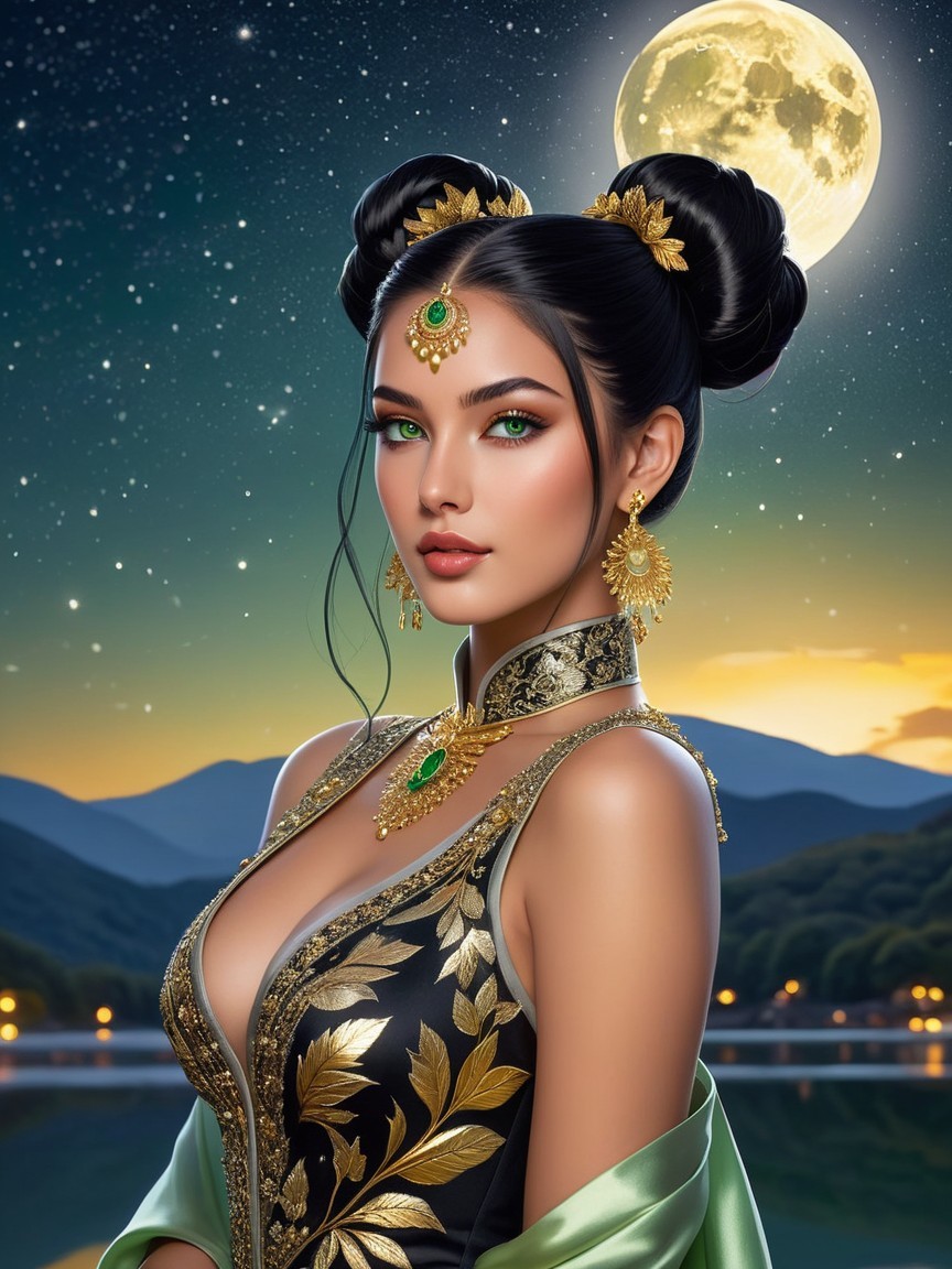 Elegant Woman in Black and Gold Gown with Moonlit Sky