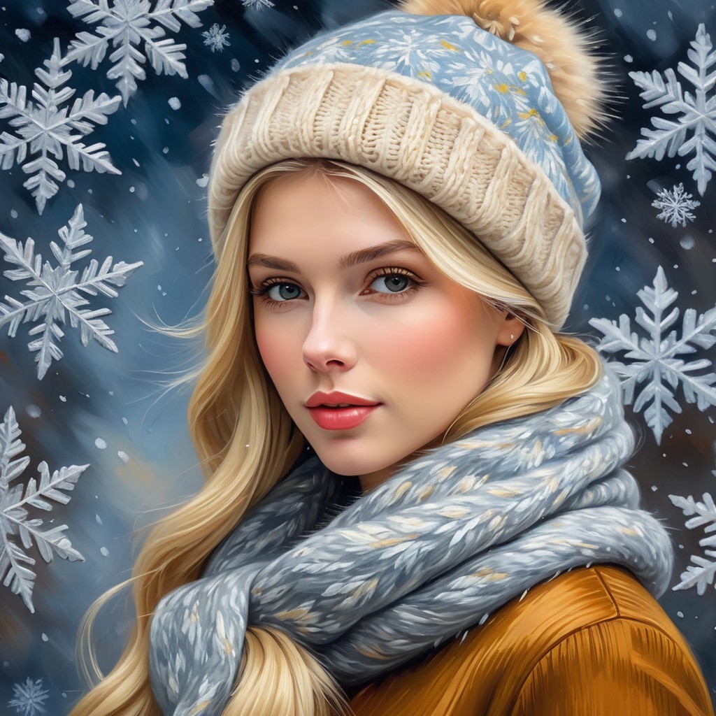 Young Woman in Winter Attire with Snowy Background