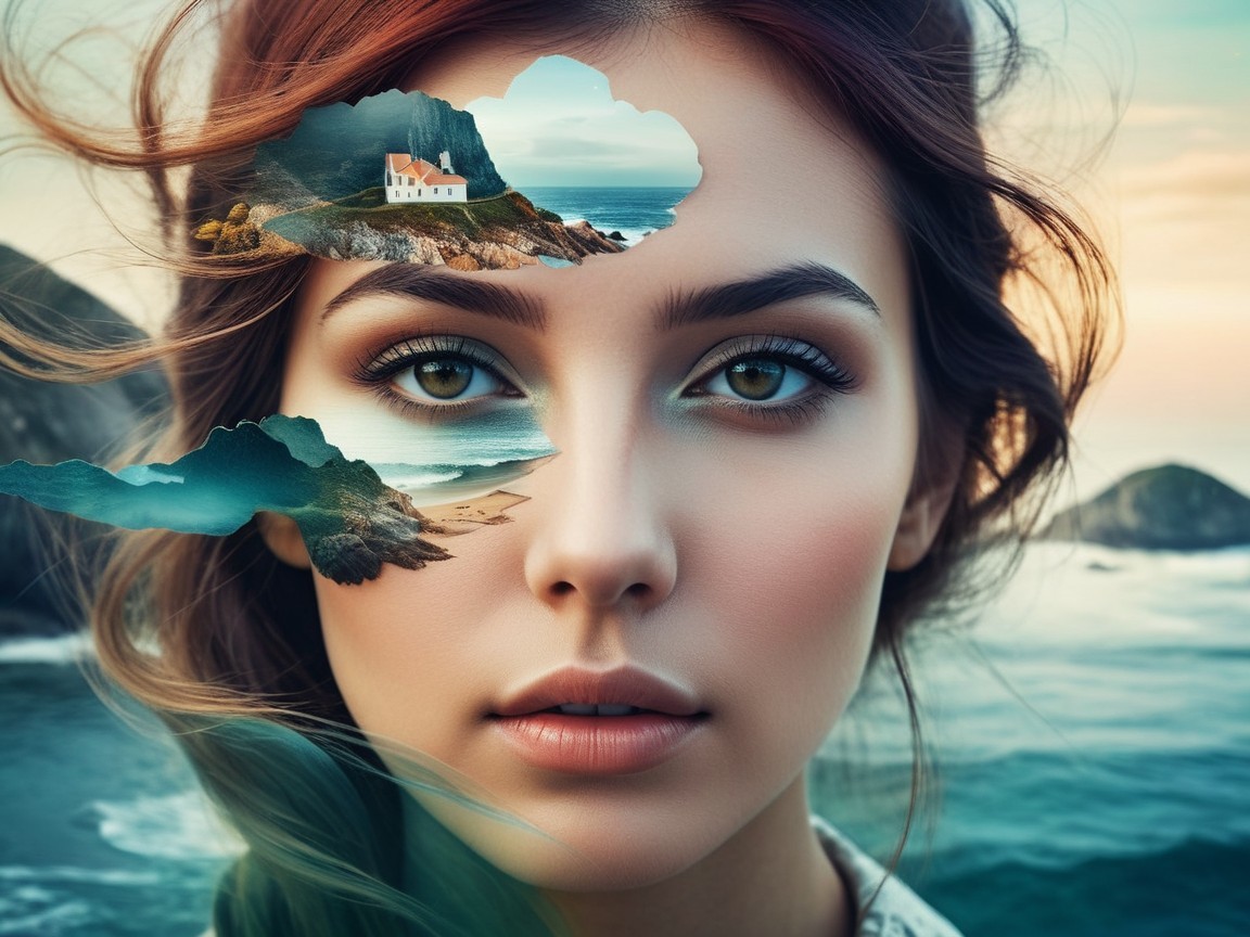 Young woman with surreal coastal landscape backdrop