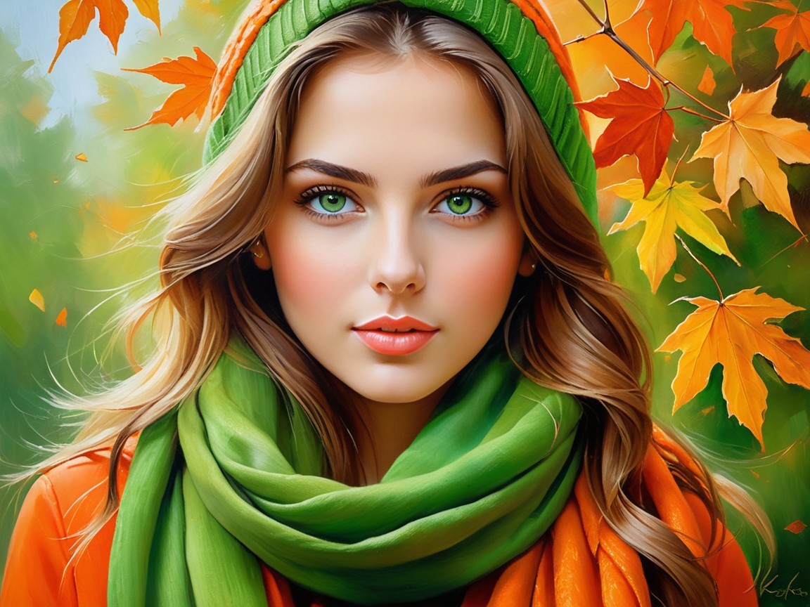 Young Woman in Vibrant Autumn Leaves Portrait