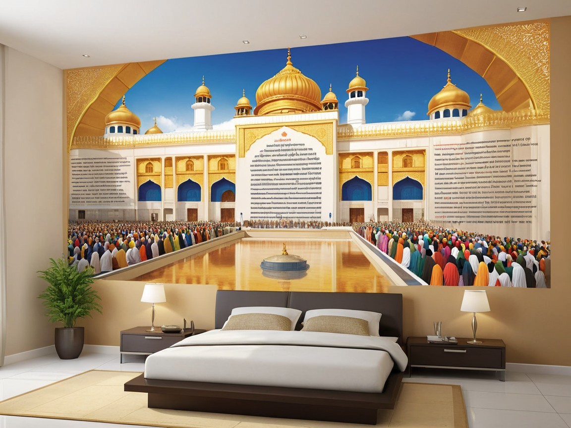 Elegant bedroom with mural of ornate building and pool