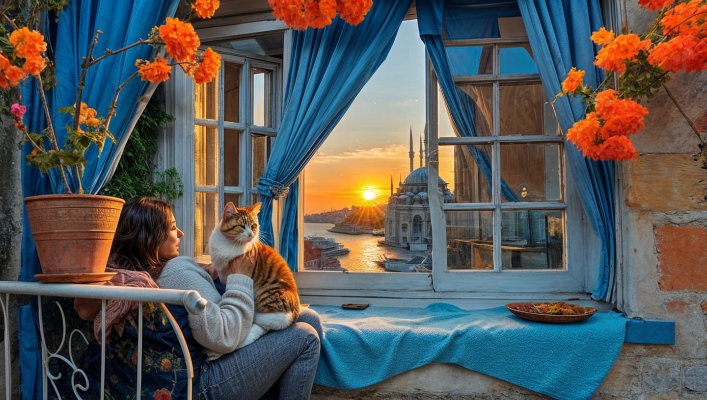 Cozy Balcony Scene with Woman, Cat, and Sunset View