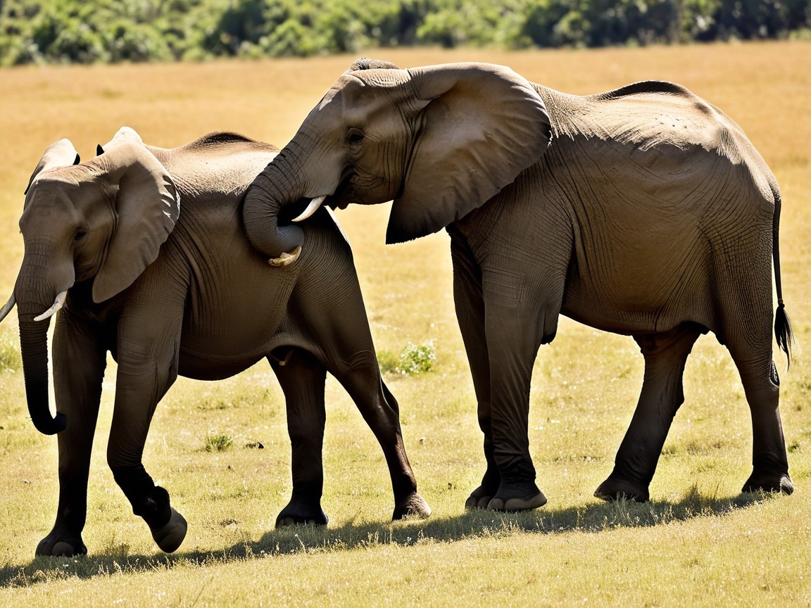 Elephants in a Sunlit Grassland Habitat