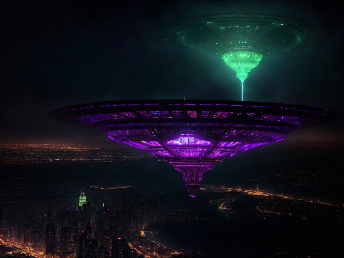 Futuristic Cityscape with Hovering Disc Structures