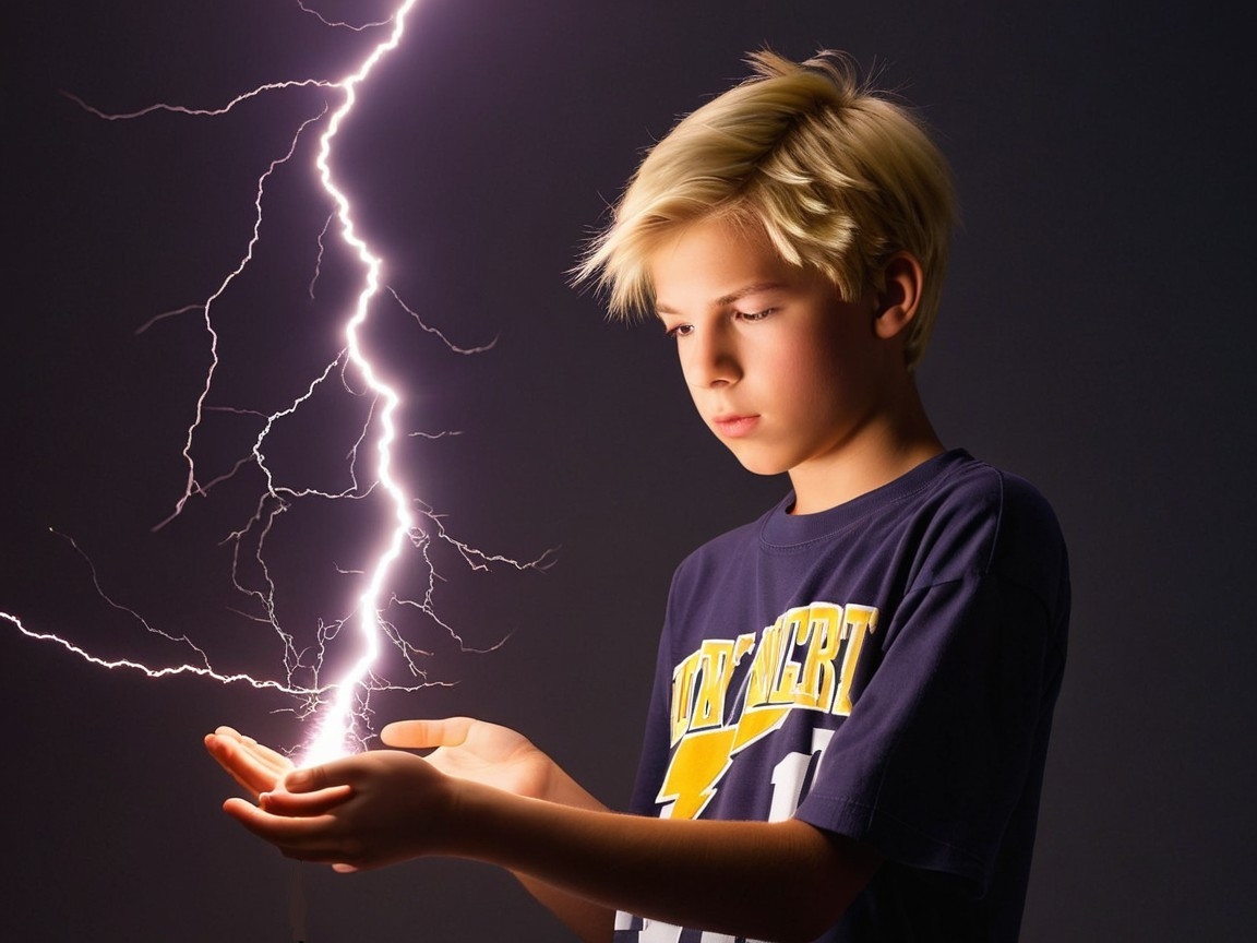 Young boy with sparks and lightning in dark setting