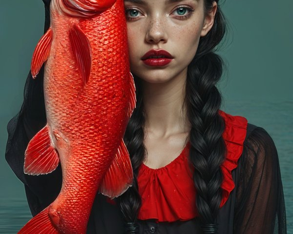 Young Woman Holding Red Fish in Serene Moonlit Water