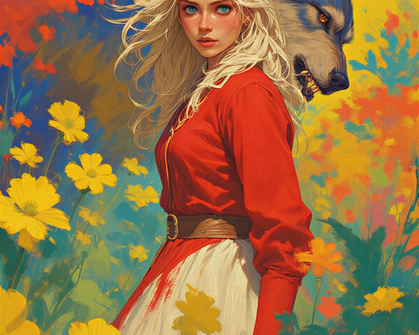 Young woman in red blouse with wolf among flowers