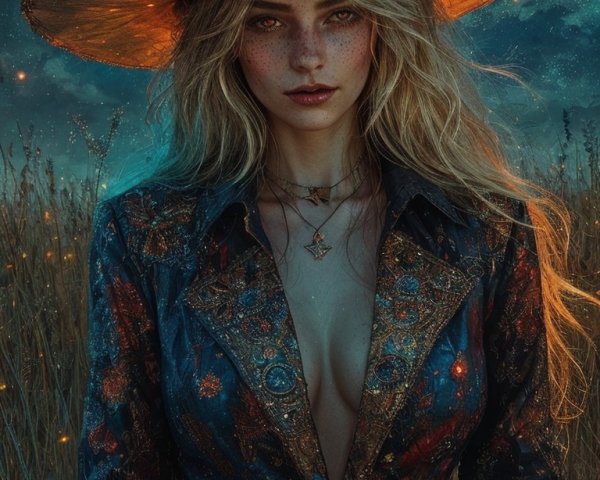 Mystical Scene of Woman in Blue Jacket Under Moonlight