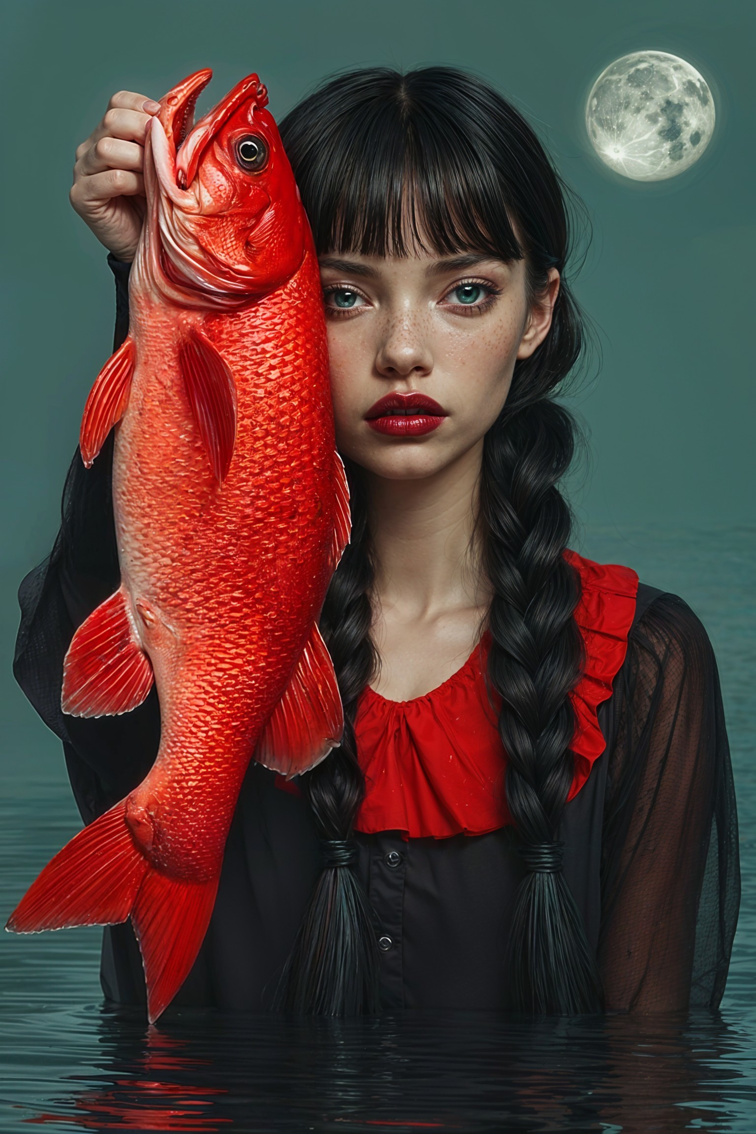 Young Woman Holding Red Fish in Serene Moonlit Water