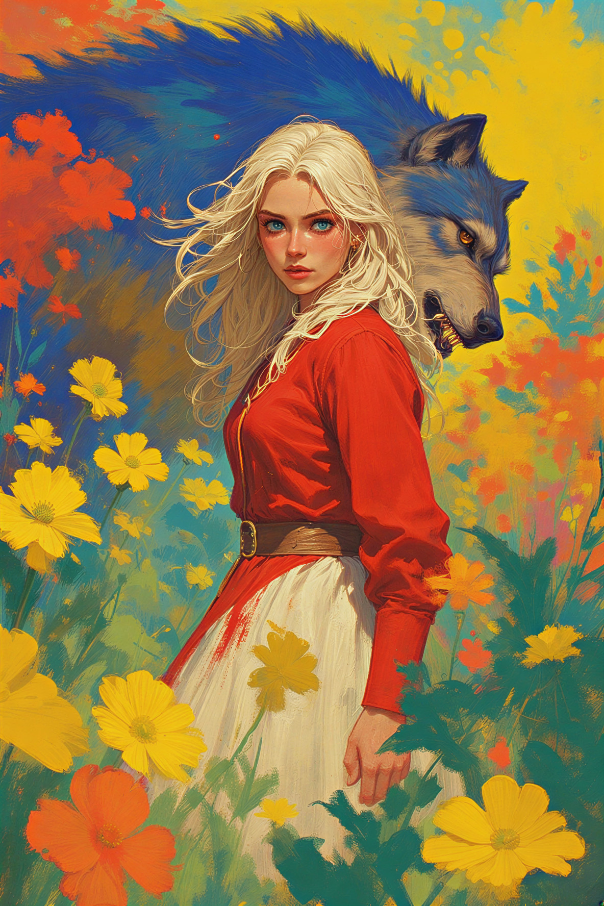 Young woman in red blouse with wolf among flowers