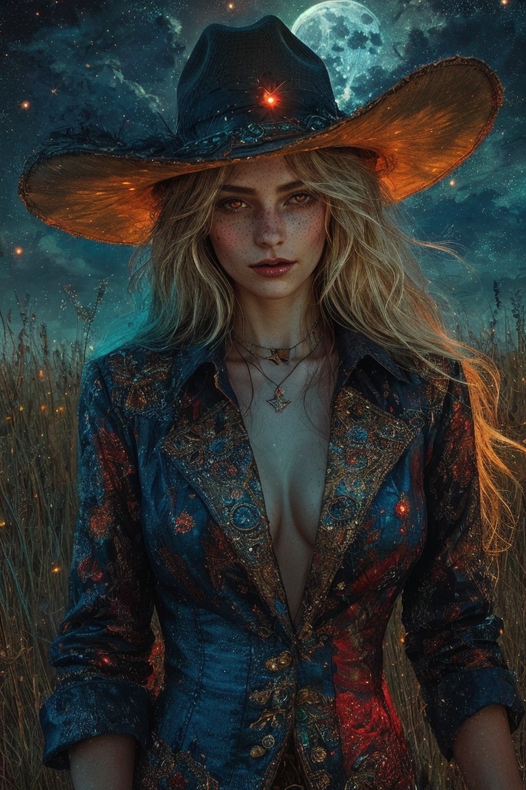 Mystical Scene of Woman in Blue Jacket Under Moonlight
