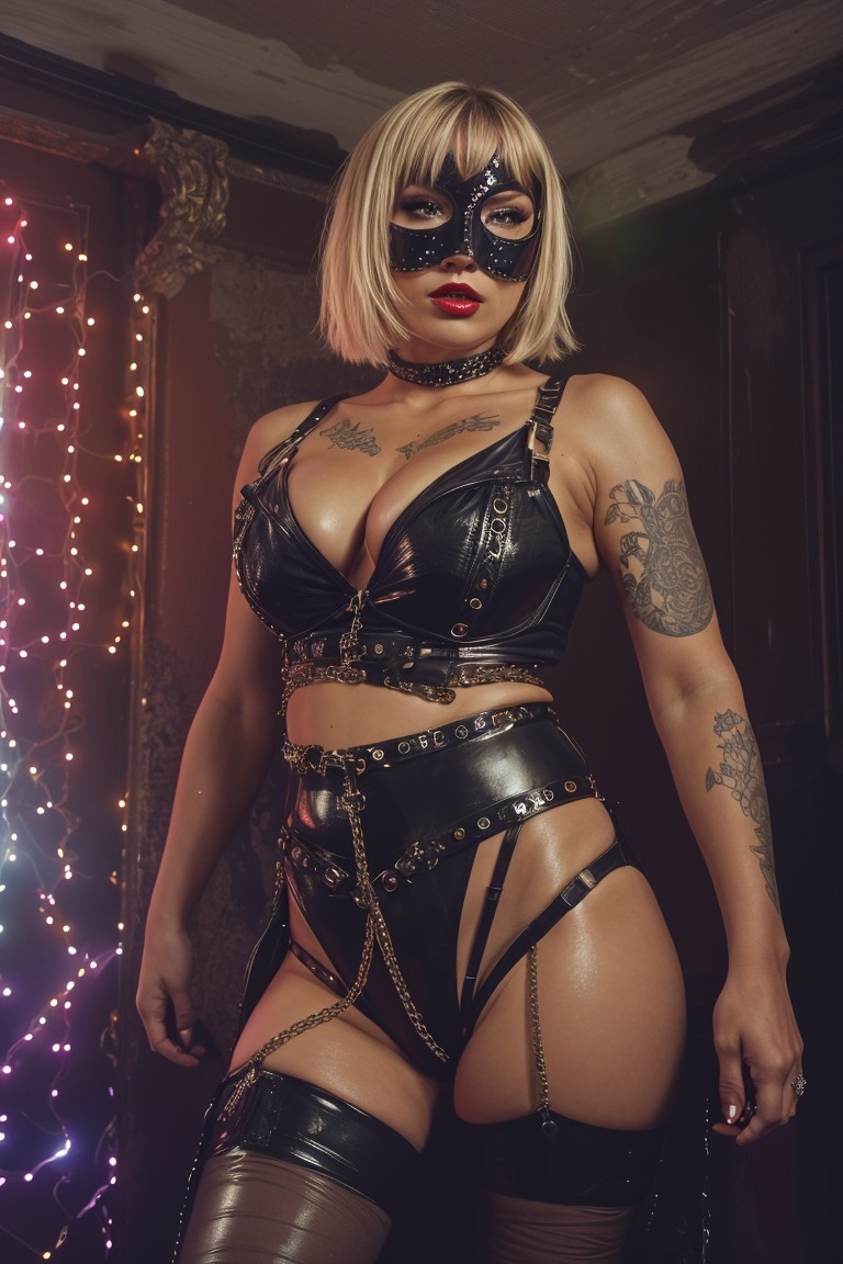 Confident Figure in Black Leather Attire in Dim Room