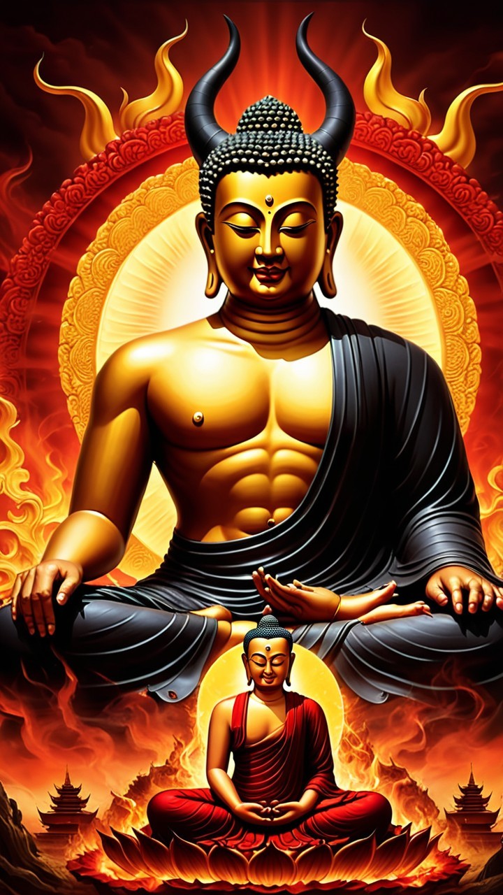 Buddha Figure Surrounded by Flames and Halo