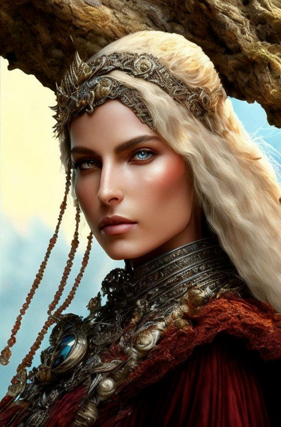 Regal woman in burgundy gown with ornate crown