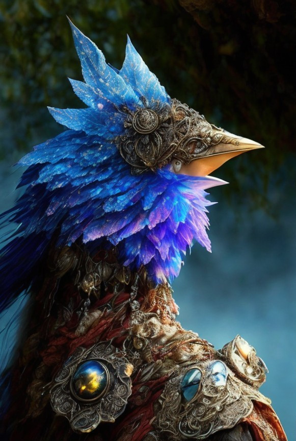 Intricate armored avian figure with jewel embellishments