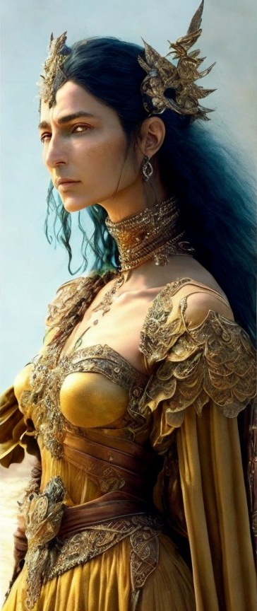 Majestic figure in gold armor and ornate gown