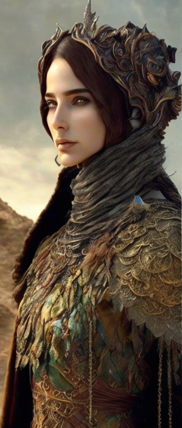 Regal Figure in Intricate Nature-Inspired Attire