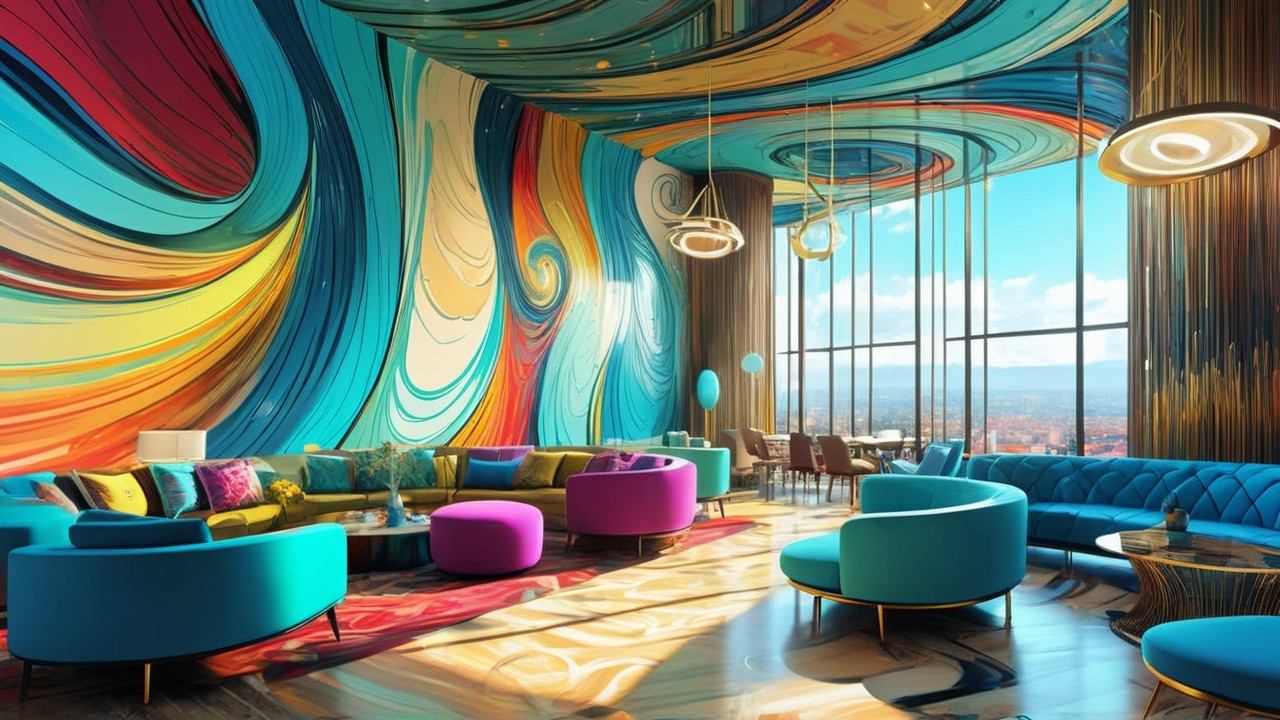 Luxurious Lounge with Psychedelic Colorful Murals