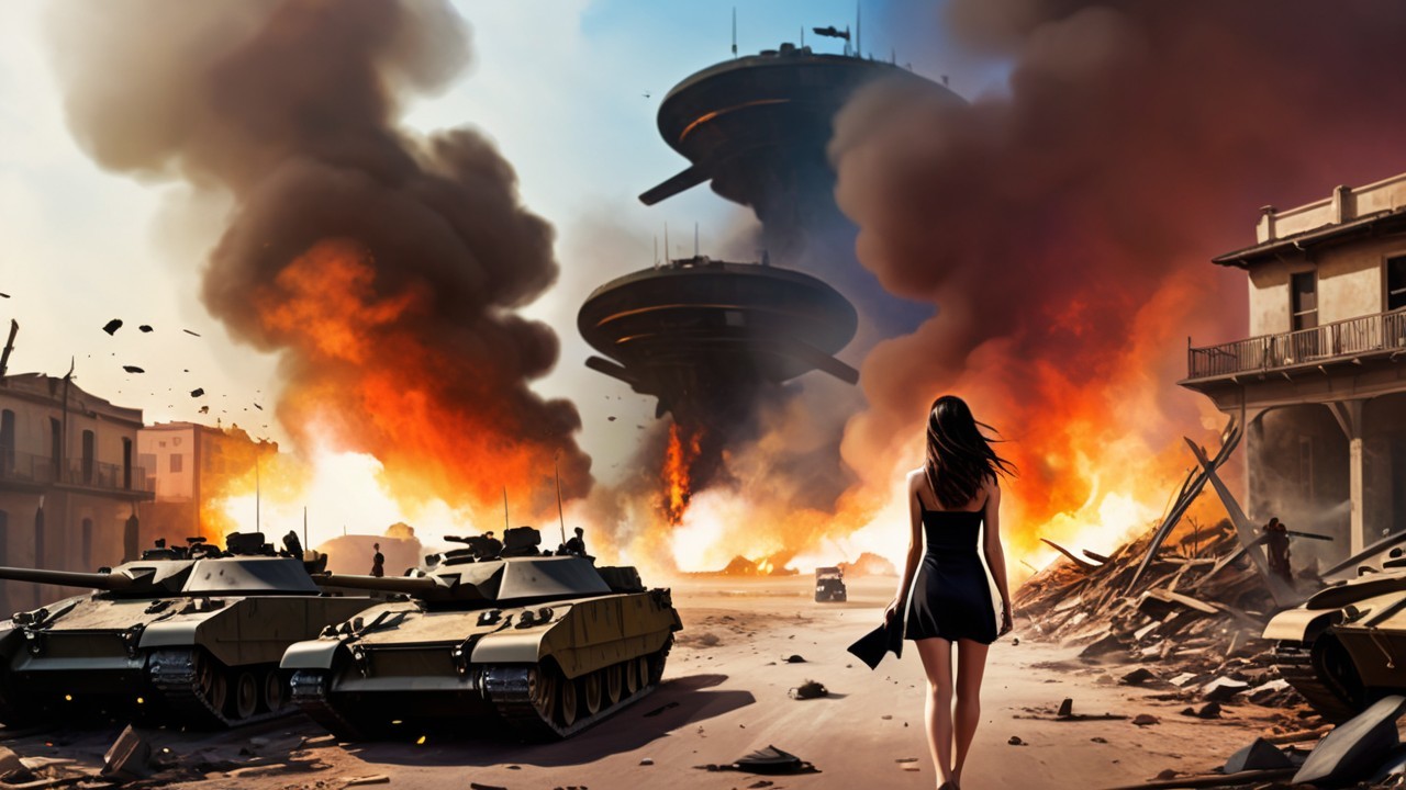 Lone Woman in Black Dress Amidst Dystopian Chaos