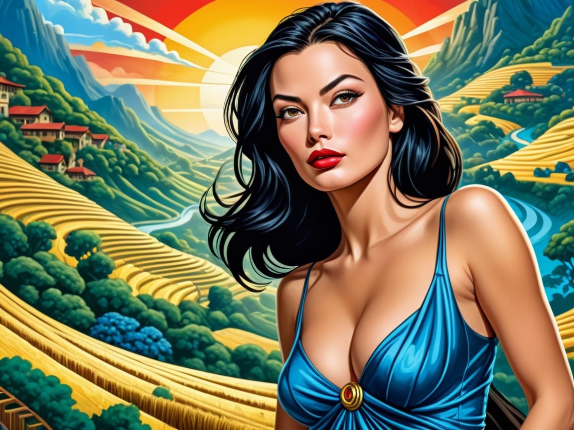 Portrait of a woman in blue dress with sunset backdrop