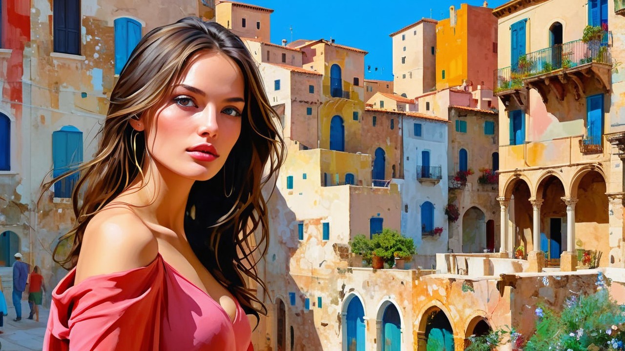 Digital Painting of Woman in Mediterranean Town