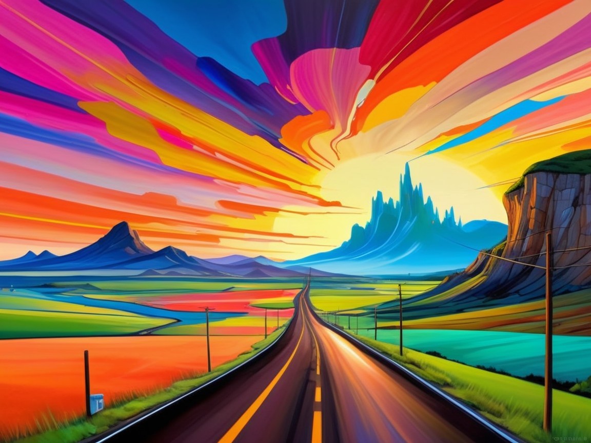 Vibrant Landscape with Winding Road and Sunset Sky