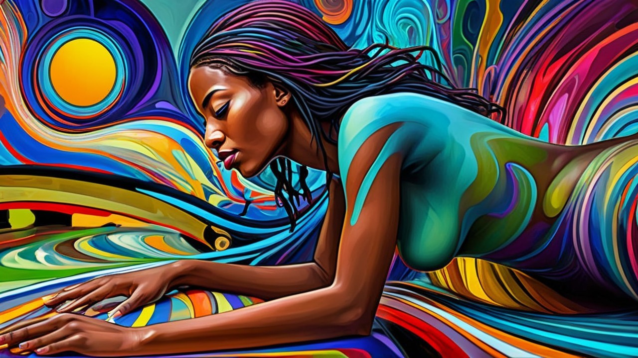 Contemplative Woman on Vibrant Abstract Background