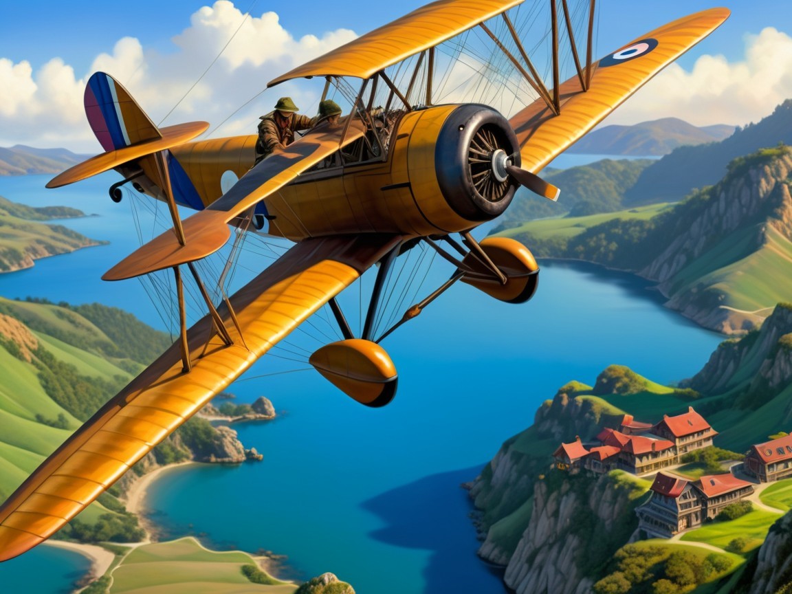 Vintage Biplane Over Scenic Hills and Lake