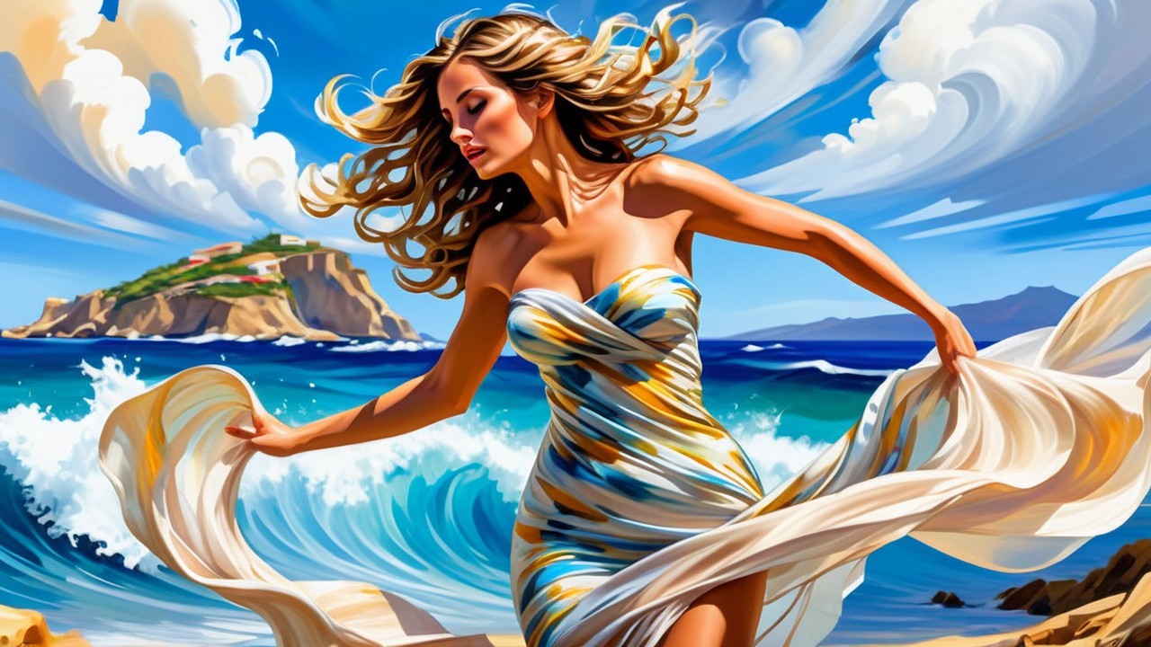 Glamorous Woman Dancing on Beach with Vibrant Dress