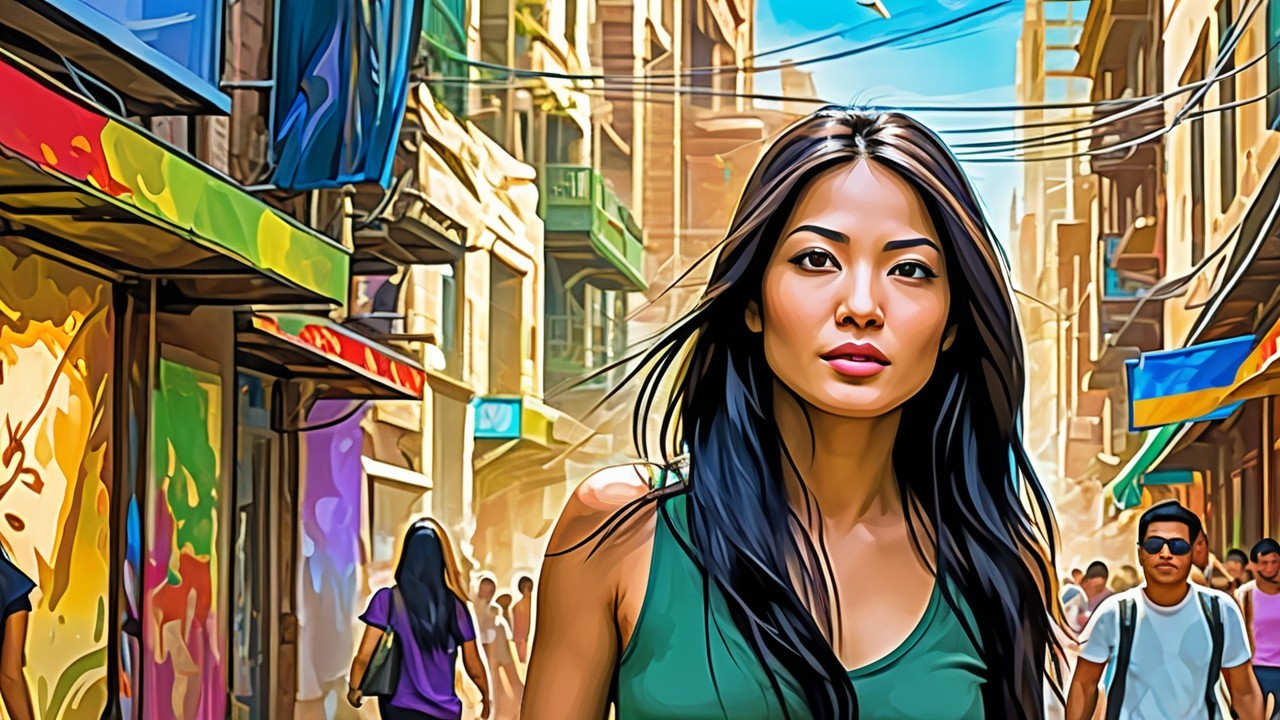Vibrant Urban Street Scene with Colorful Shopfronts