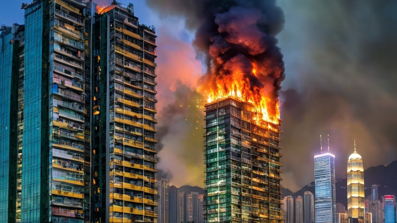 Urban Fire Scene with Skyscrapers and Smoke