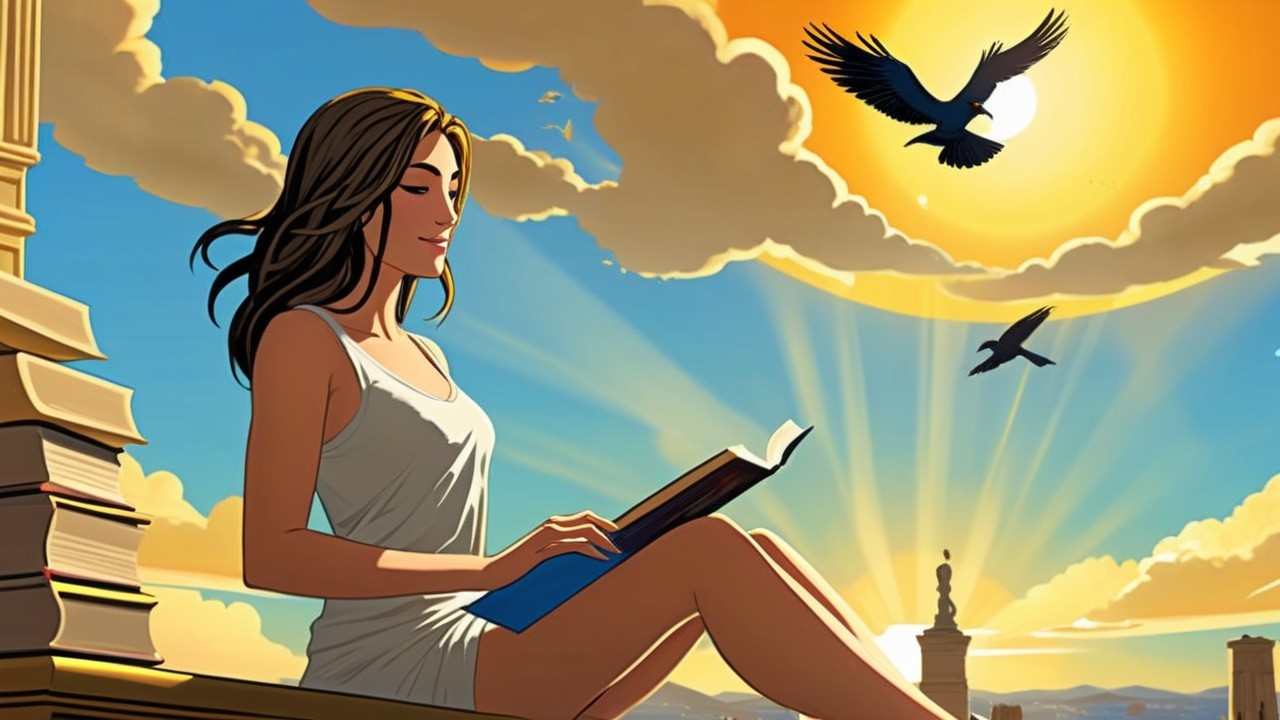 Woman Reading on Rooftop Under Golden Sunset Glow