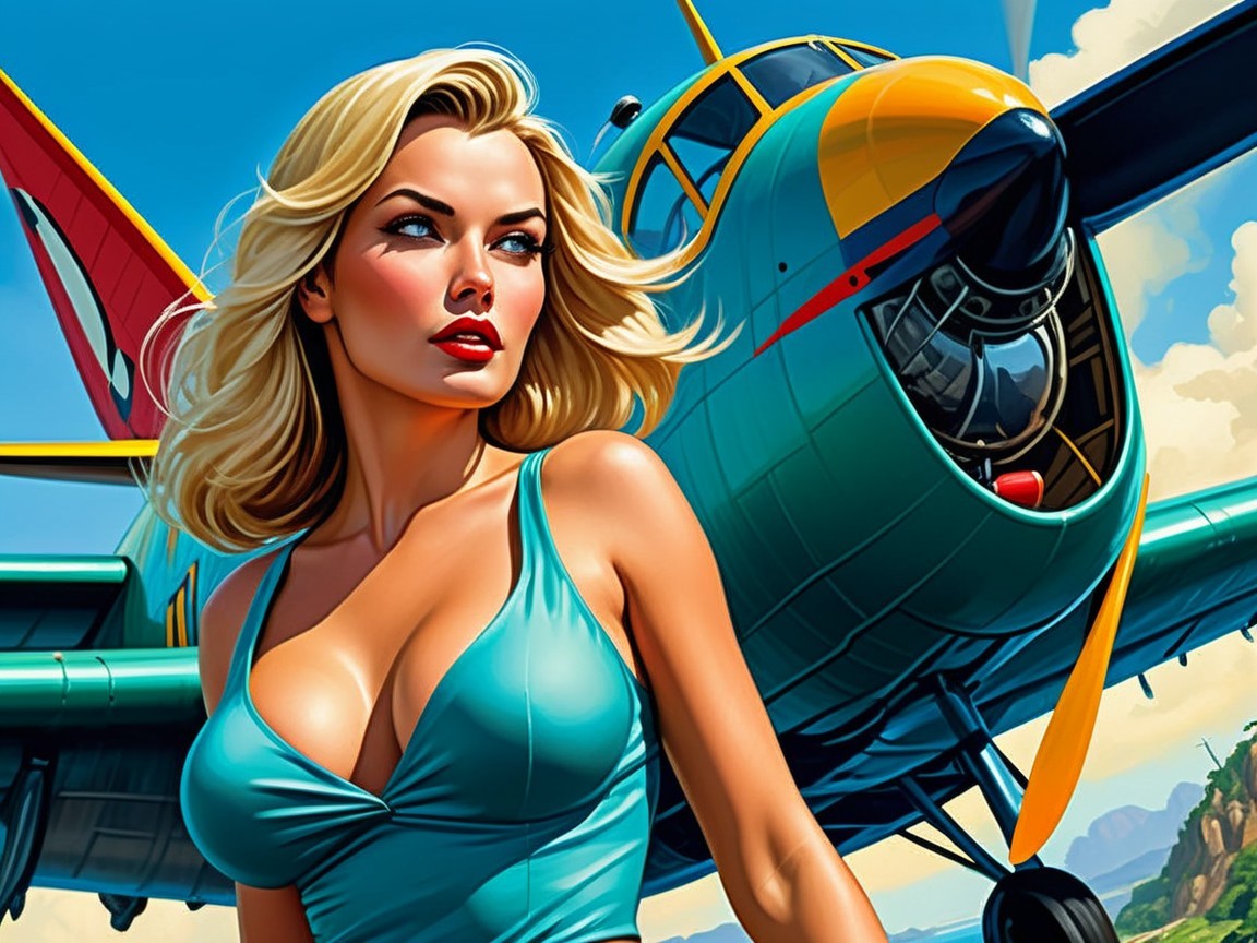 Glamorous Woman in Turquoise by Retro Airplane