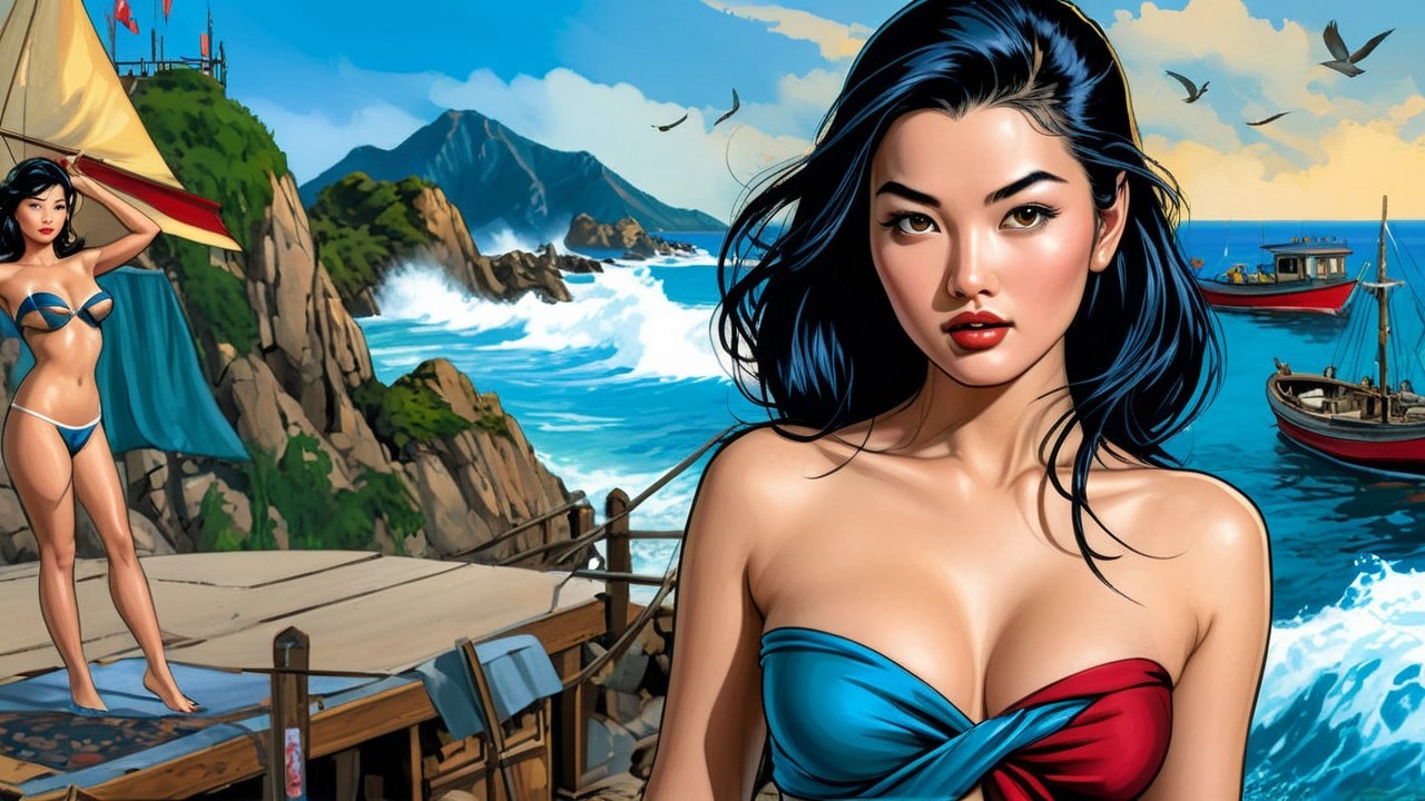 Vibrant Beach Scene with Coastal Cliffs and Swimmers