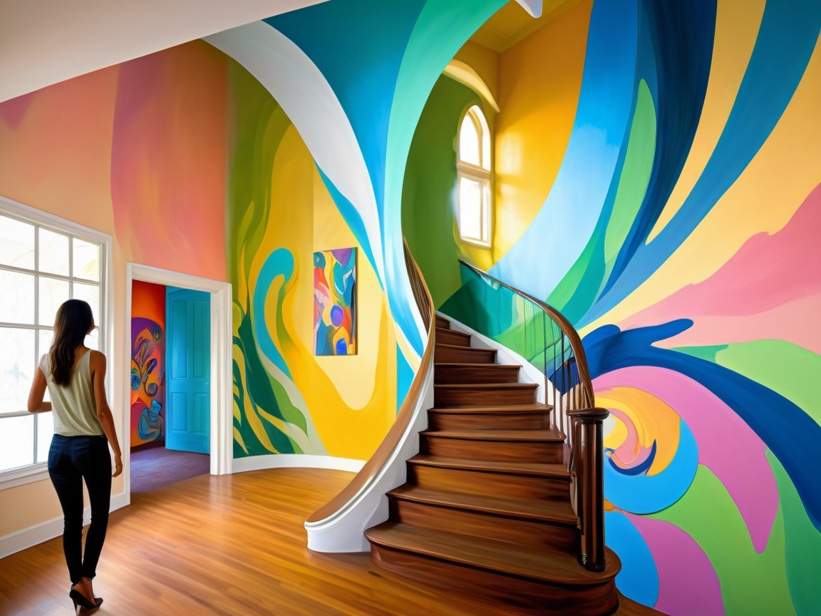 Vibrant Murals on Spiral Staircase Walls with Sunlight