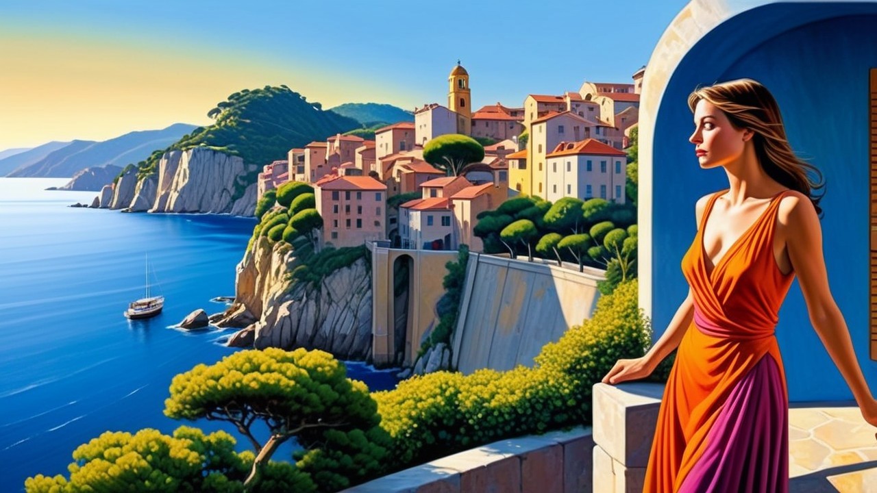 Coastal Scene with Woman in Orange Dress by Bay