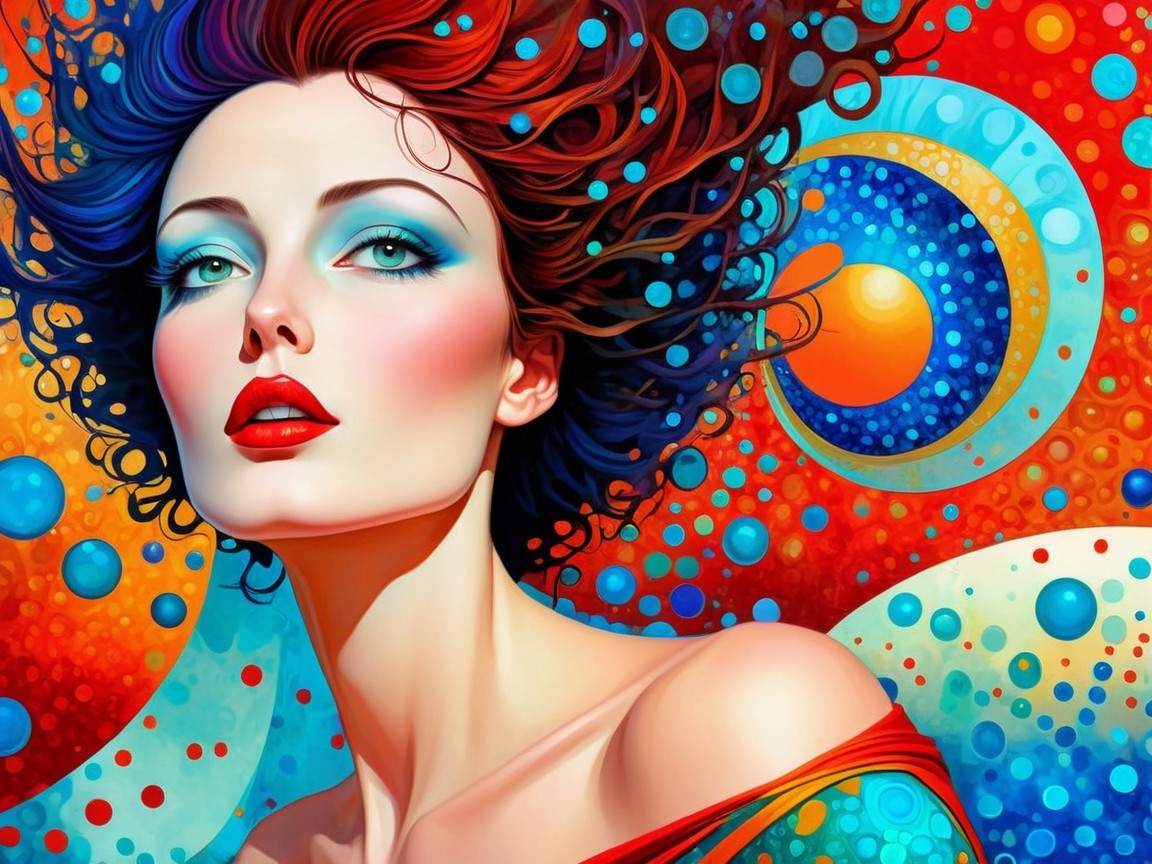 Vibrant Woman with Red and Black Hair in Abstract Art