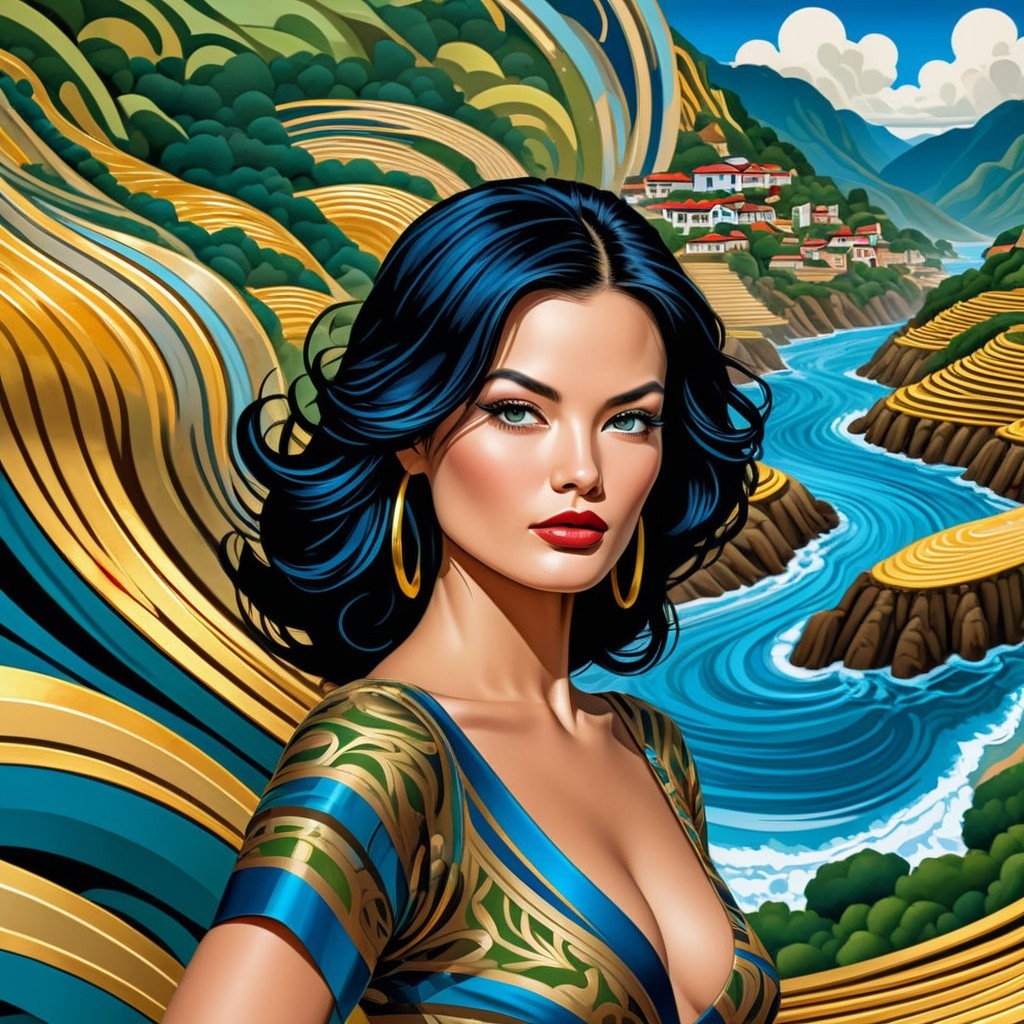 Stunning Woman in Vibrant Dress Against Scenic Landscape