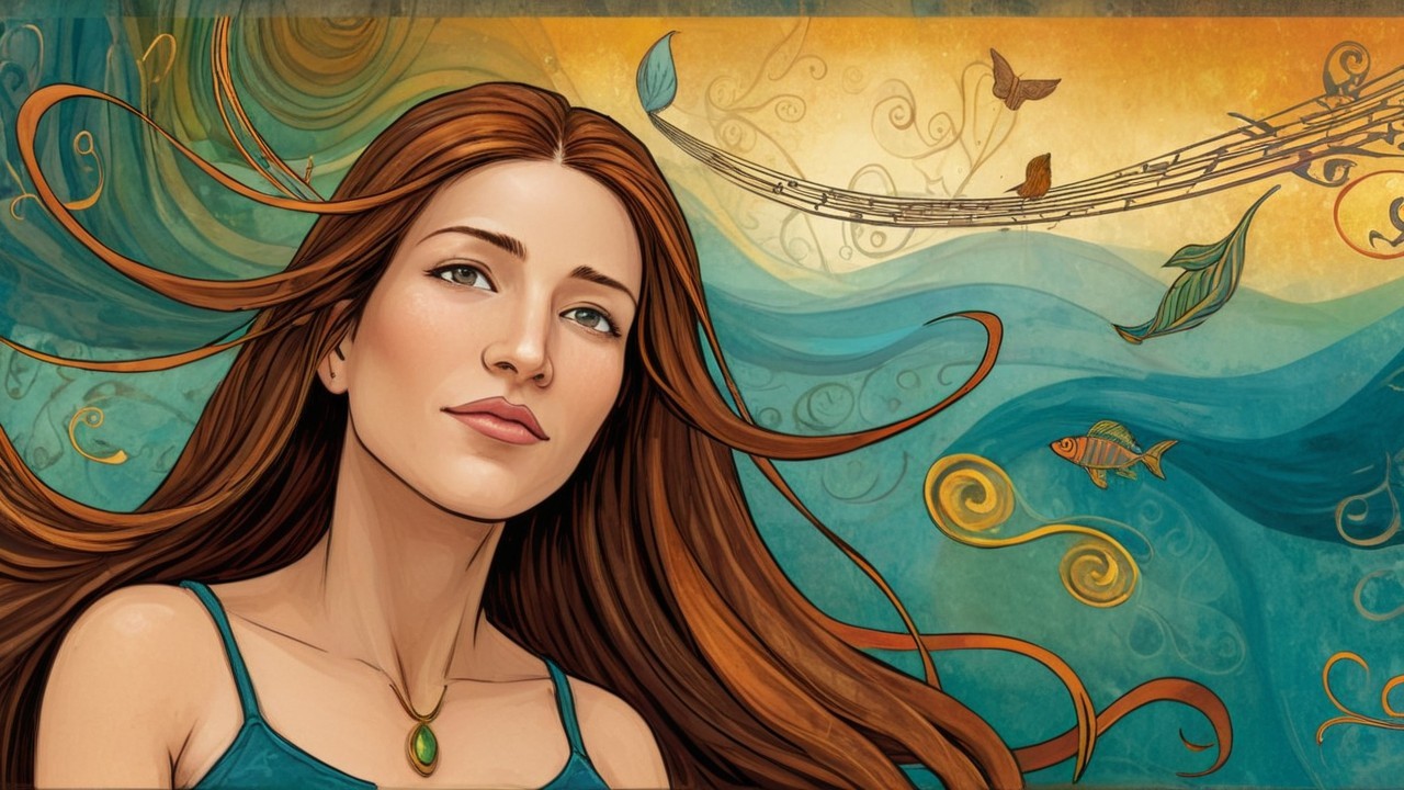 Serene Woman Surrounded by Vibrant Blue Waves and Notes