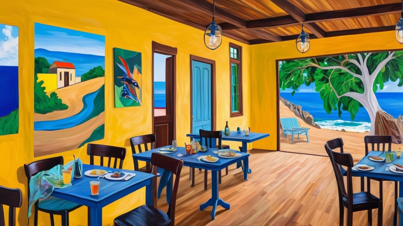 Coastal Restaurant with Colorful Decor and Ocean View