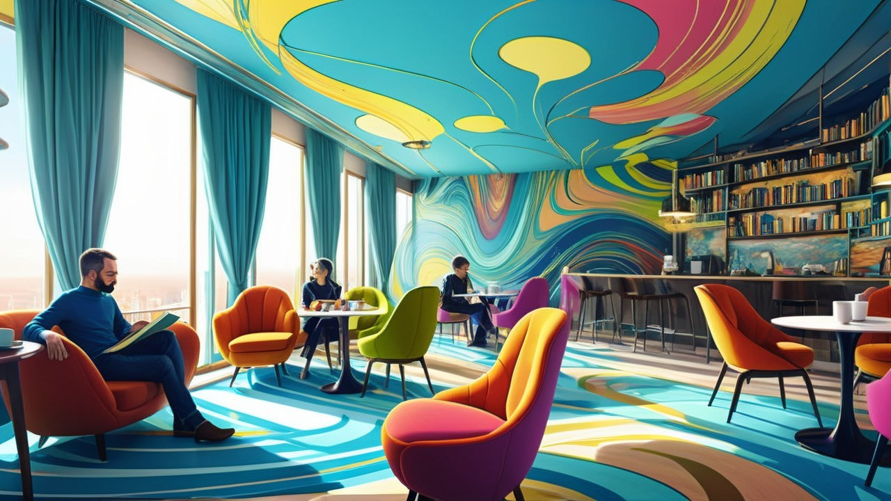 Psychedelic Lounge with Colorful Swirls and Mural