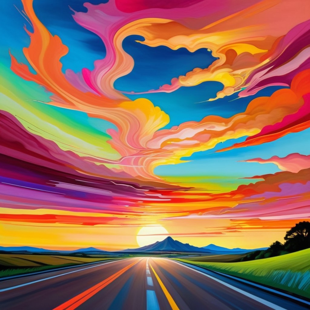 Vibrant Landscape with Winding Road and Colorful Sky