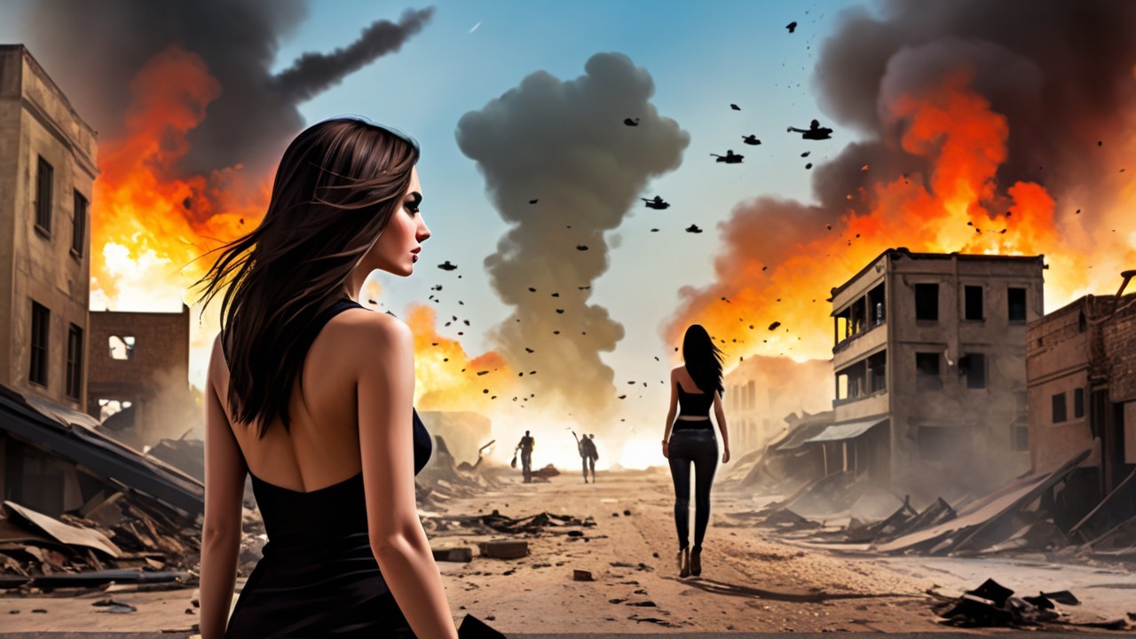 Figures in Black Dresses in War-Torn Urban Landscape
