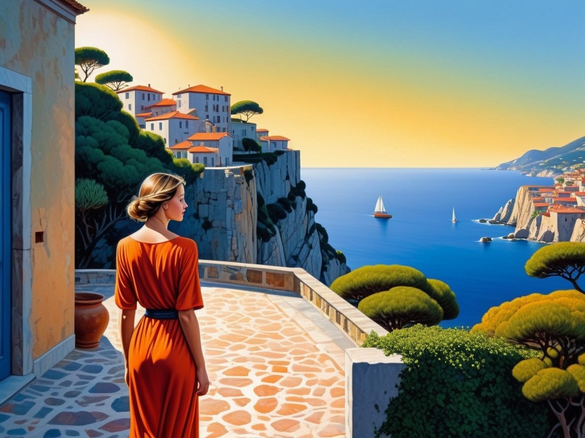 Woman in Red Dress on Coastal Terrace View