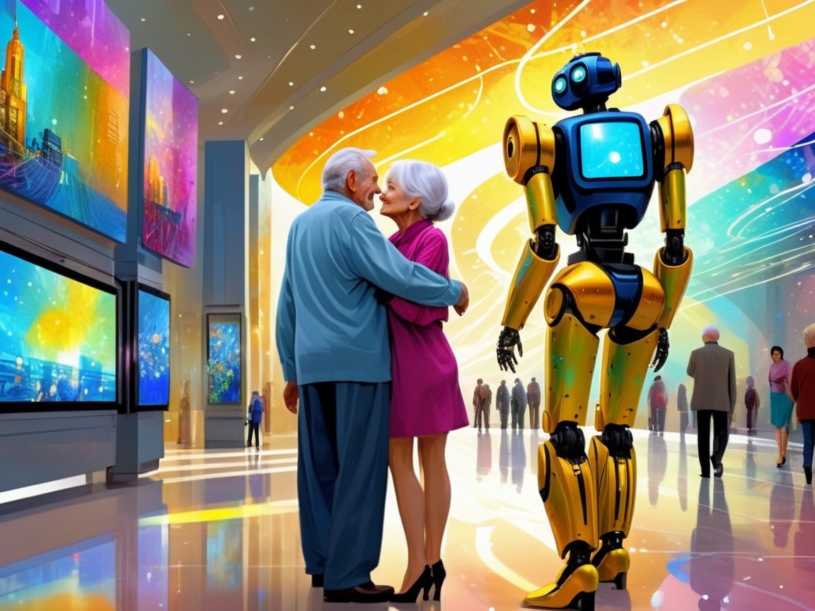 Elderly Couple Embracing in Futuristic Art Gallery