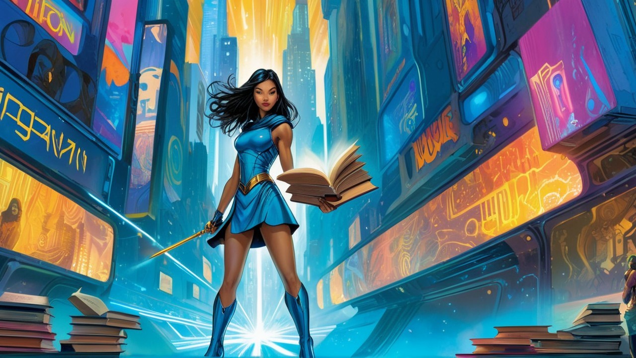 Futuristic cityscape with a guardian of knowledge