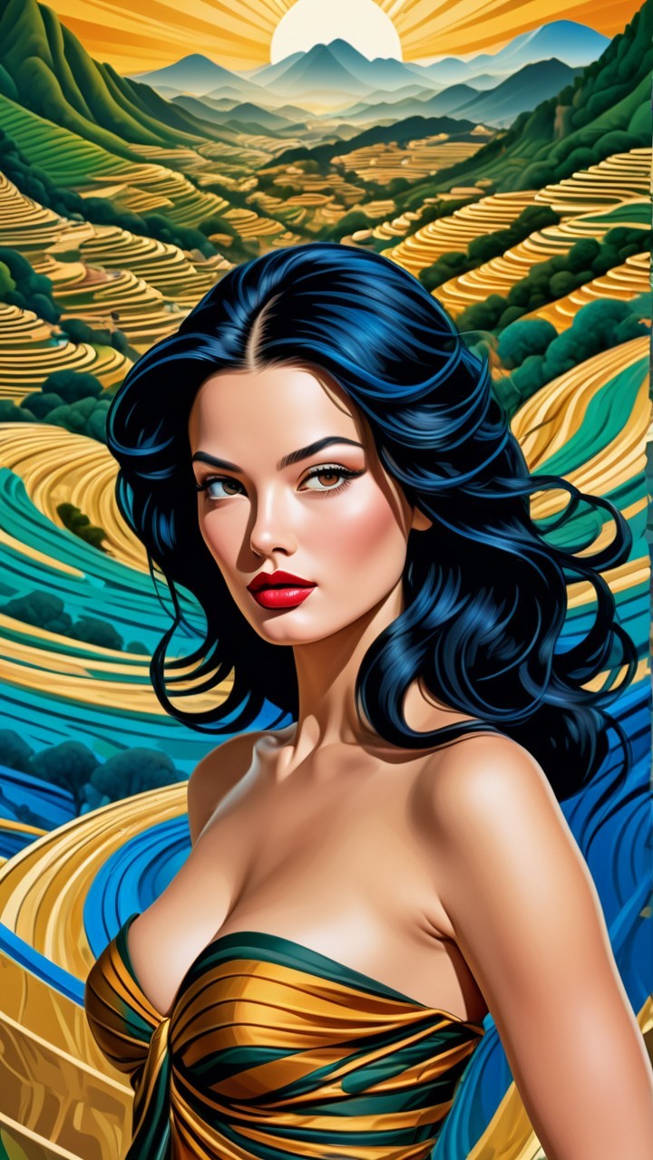 Striking Woman in Vibrant Dress Against Scenic Landscape